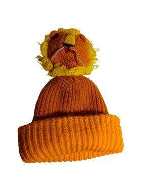 Vintage Beanie Hat Knit Boys Girls 1970s Youth Yellow Knit Lion